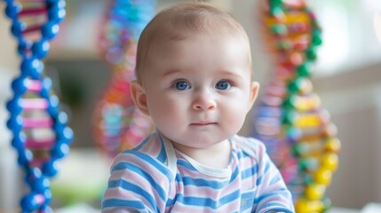 A baby is seated in front of a variety of toys, looking at them with curiosity and reaching out to touch them.