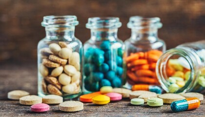 medicinal rainbow assorted pills in vintage bottles