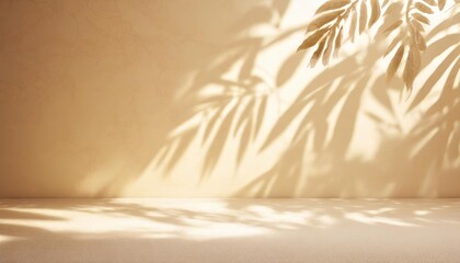 empty cream beige room studio with shadow of leaves for product presentation autumn background summer tropical backdrop cosmetic showroom