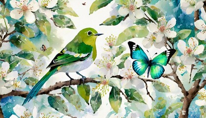 green bird japanese white eye ume and colored butterflies on floral branches abstrac tree seamless pattern watercolor isolated illustration for textile wallpapers or floral background