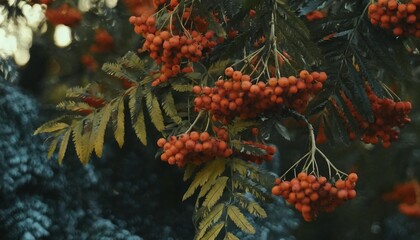Fototapeta na wymiar abundant rowan fruits on the branches