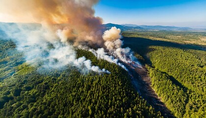 aerial view of a massive forest fire drone top view of wildfire with smoke and burning trees from the height of a bird flight ecological catastrophe 6k high resolution image generative ai