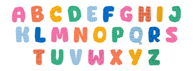 Modern playful alphabet letter set. Bright, vivid multicolor funky font or typography. Vector bold font for poster, flyer, book cover, greeting card, product packaging, graphic print, etc.