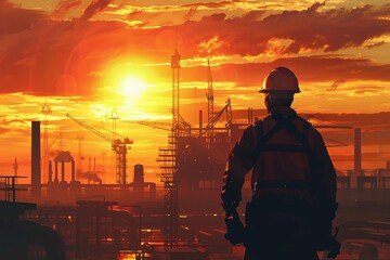 silhouette of engineer overseeing construction site at sunset heavy industry and workplace safety concept digital painting