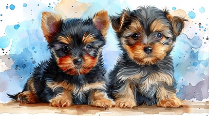   Two small dogs perch together on top of a watercolor background featuring blue and white hues