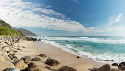 vector ocean with blue sky and sandy beach and stones