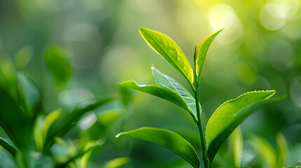Fototapeta na wymiar young tea leaves, vibrant green color, soft focus background with blurred foliage and sunlight filtering through the trees
