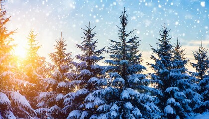 view of snow covered conifer trees and snow flakes at sunrise merry christmas s or new year s background