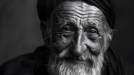 Classic monochrome portrait of an old man smiling.