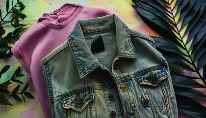 vibrant pop art style denim jeans and jacket with bright colors and textured background