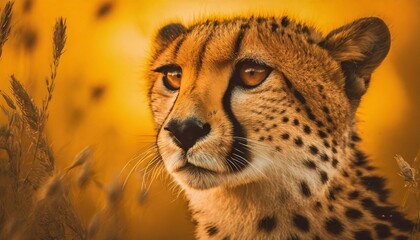 a close up of a cheetah s face on a yellow background with spots of orange and black
