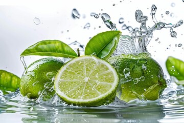sliced lime with leaves splashing in water isolated on white background fresh fruit concept high speed photography