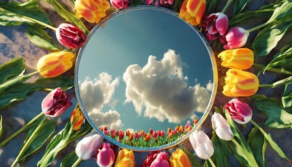 circle mirror reflecting clouds surrounded by colorful tulips flat lay of nature style concept 3d rendering