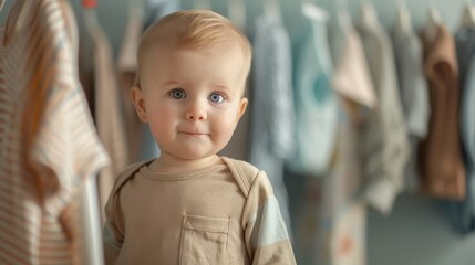 A baby standing in front of a rack filled with various clothes, looking curiously at the colorful garments.