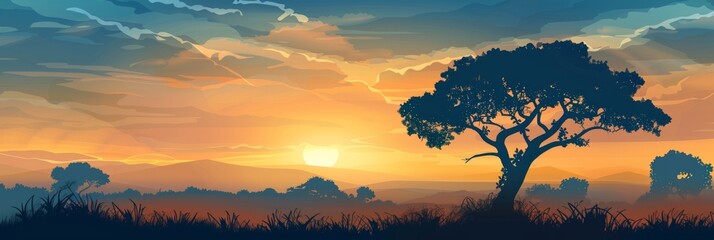 Safari Sunset: Panoramic View of Tree Silhouette in African Landscape Background