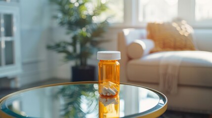 Prescription opioids addiction and overdose: a bottle of pills on a mirror table reflecting the concept of medicine shopping