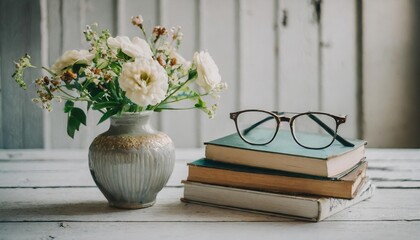 vase of flowers and a row of books with glasses for vision on a white wooden table