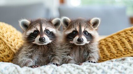   Two raccoons cuddled on a bed covered in a blanket