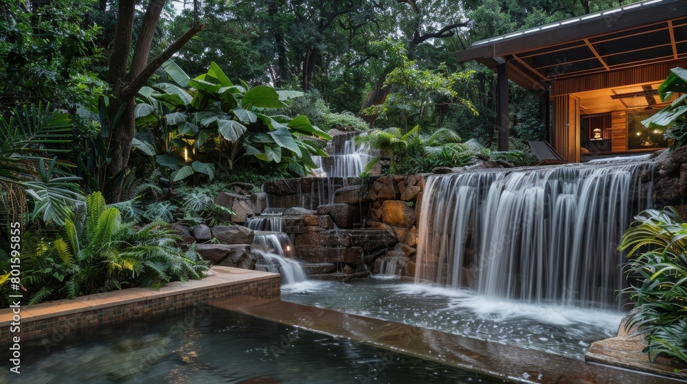 Poster in a lush jungle a hidden sauna can be found behind cascading waterfalls offering a refreshing escap