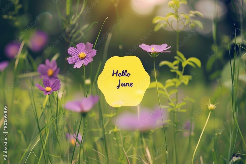 Poster beautiful meadow with purple flowers, yellow circle in the middle of it and text inside that says 