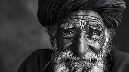 Classic monochrome portrait of an old man smiling.