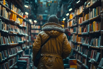 Person in yellow coat browsing in library