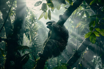 Tranquil Lifestyle of a Wild Sloth Basking in the Warm Sunlight of the Rainforest - obrazy, fototapety, plakaty