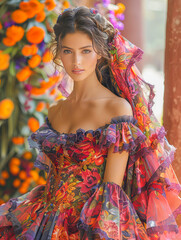 Mexican woman in traditional floral gown