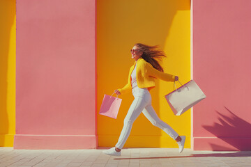 Woman Walking Down Sidewalk Carrying Shopping Bags