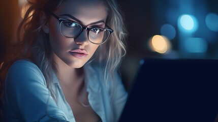 Young  pretty lady , woman in glasses using a laptop. Portrait  dark shot, light from monitor reflected on face. Businesswoman, programmer at work. Own business, self employed concept