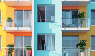 Fototapeta premium New residential apartment building with balcony in colorful design, generated ai