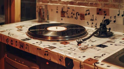 Enter a vinyl-themed kitchen, subway tiles forming a mosaic of musical notes, and a single...