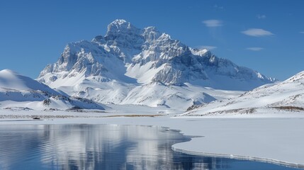 A large snow covered mountain with a lake in the middle, AI