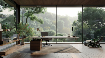 Escape to a serene home office, where floor-to-ceiling windows frame a picturesque view, inspiring creativity and focus amidst the clean lines and minimalist design.