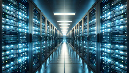 A sleek, modern data center with rows of glowing servers