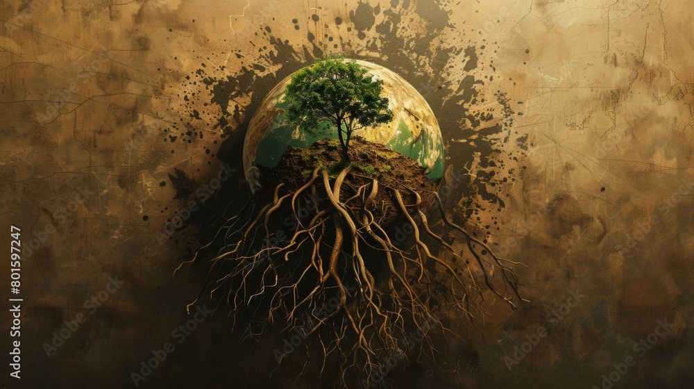 Poster an illustration of a globe with roots growing from it symbolizing the impact of deforestation and un