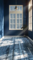 Empty Room With Blue Walls and Large Window