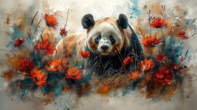   A painting of a panda bear in a field of wildflowers, with watercolor paint on its face