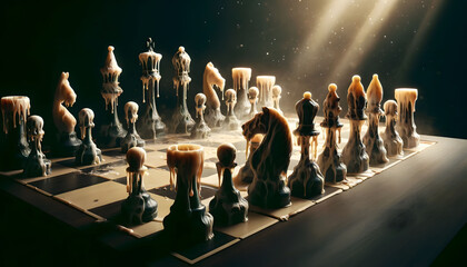 A chessboard with pieces slowly melting into the board.