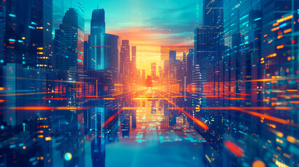 Futuristic Cityscape with Vibrant Neon Lights. Stunning futuristic cityscape illuminated with vibrant neon lights and skyscrapers, evoking a cyberpunk aesthetic. - obrazy, fototapety, plakaty