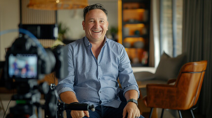 Smiling Man Being Interviewed on Camera. Cheerful man in a casual shirt sitting for an on-camera interview in a cozy room, giving a sense of approachability and openness.