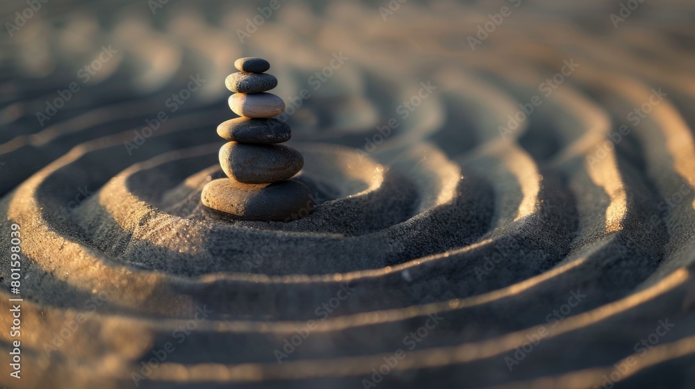 Poster a stack of rocks in the sand with a sand dune in the background. generative ai.