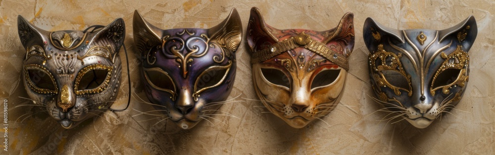 Aufkleber a group of three different colored cat masks on a wall. generative ai.