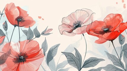 Blooming red and pink poppies with a serene watercolor backdrop