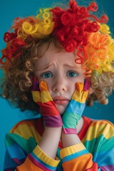 Fototapeta premium A child with a colorful clown wig and colorful clothes. Generative AI.