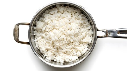 Top view shot capturing rice in a pan.
