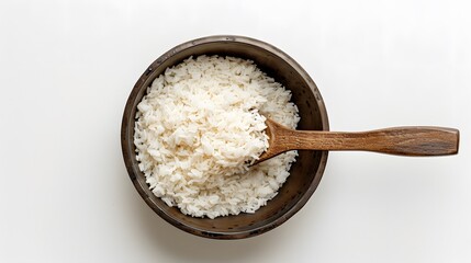 Top view shot capturing rice in a pan.