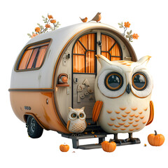 A 3D animated cartoon render of a smiling owl and camper walking together.