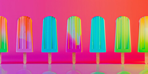 Trio of Vibrant Color Popsicles on Sticks with Pink Gradient Backdrop