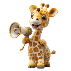 A 3D animated cartoon render of a cute giraffe using a loudspeaker to warn a village of an approaching storm.